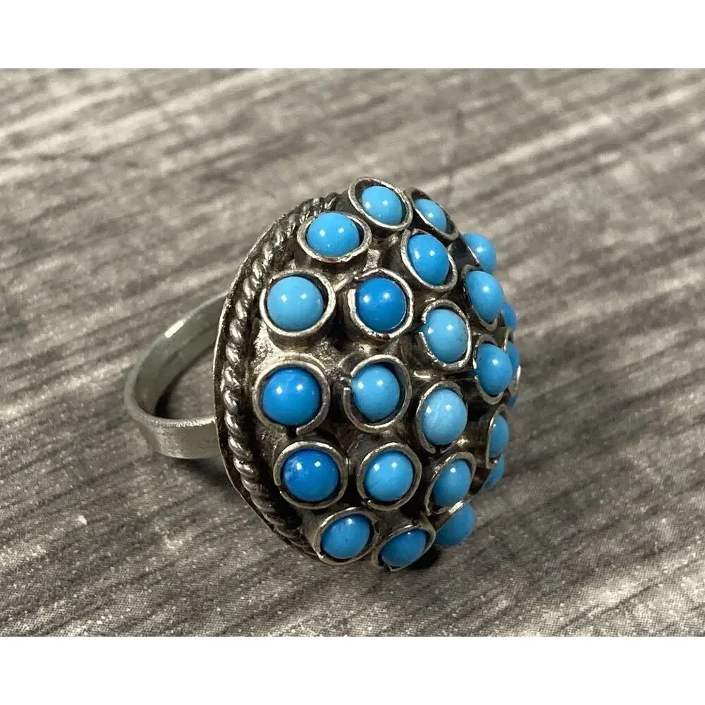 Vintage Atomic Sputnik Ring Blue Cabochon Cluster Silver Tone Size 6